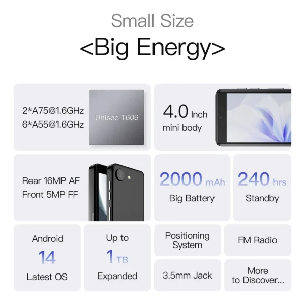 UNIWA Phonemax Q9 Mini Unisoc T606 4G Smartphone 4 Inch QHD 4GB RAM 64GB ROM Mobile Phone Android 14 2000mAh Small Phone Face ID - Image 3