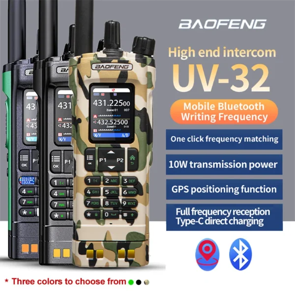 New Camouflage Color BAOFENG UV32 GPS 10W Multi Band Programming Wireless Copy Frequency NOAA