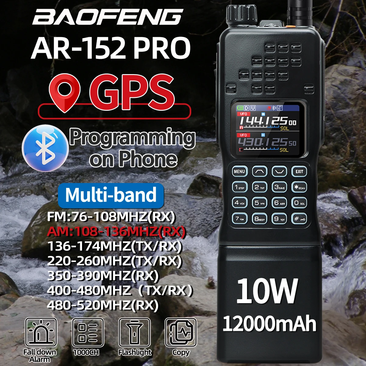 BAOFENG AR-152 PRO GPS Tactial Walkie Talkie 10W Multi Band Long Range Wireless Bluetooth Programming 12000mAh NOAA Ham Radio