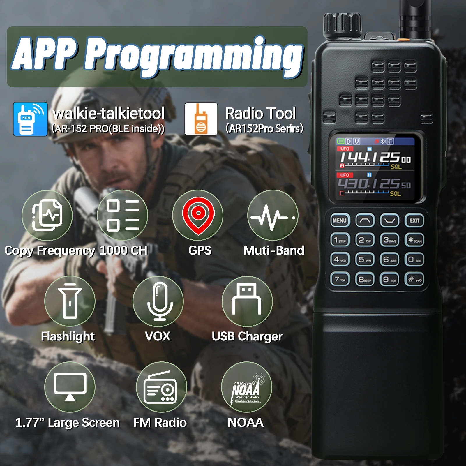 BAOFENG AR-152 PRO GPS Tactial Walkie Talkie 10W Multi Band Long Range Wireless Bluetooth Programming 12000mAh NOAA Ham Radio - Image 2